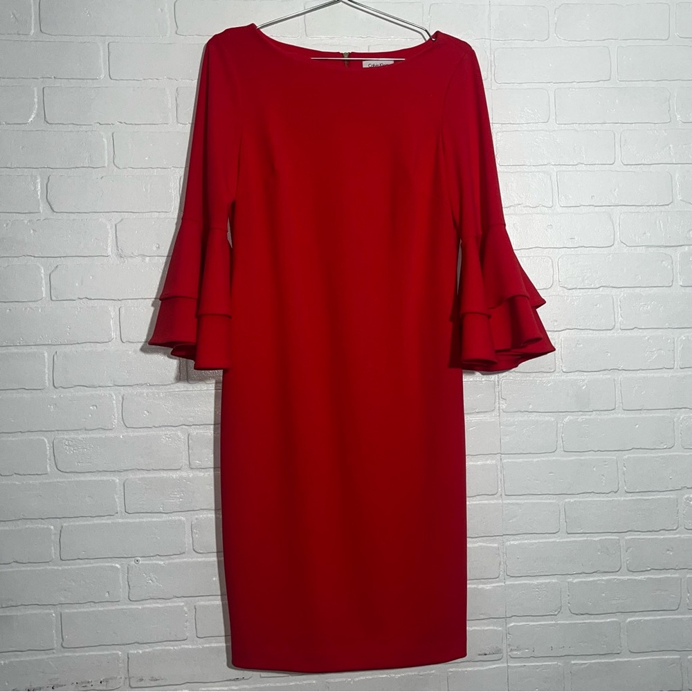 Calvin Klein Ruffled Bell Sleeve Sheath Dress Round Neck Formal Career Like New - Picture 2 of 16